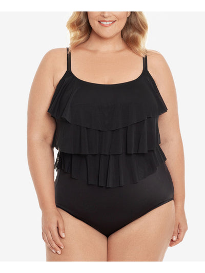 SWIM SOLUTIONS Women's Black Stretch Tummy Control Ruffled Triple-Tiered Full Coverage Fixed Cups Scoop Neck One Piece Swimsuit 26W