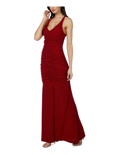 JUMP APPAREL Womens Red Stretch Glitter Ruched Sleeveless V Neck Maxi Formal Mermaid Dress 11\12