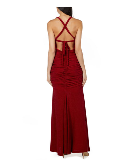 JUMP APPAREL Womens Red Glitter Ruched Zippered Sleeveless V Neck Maxi Formal Mermaid Dress 0