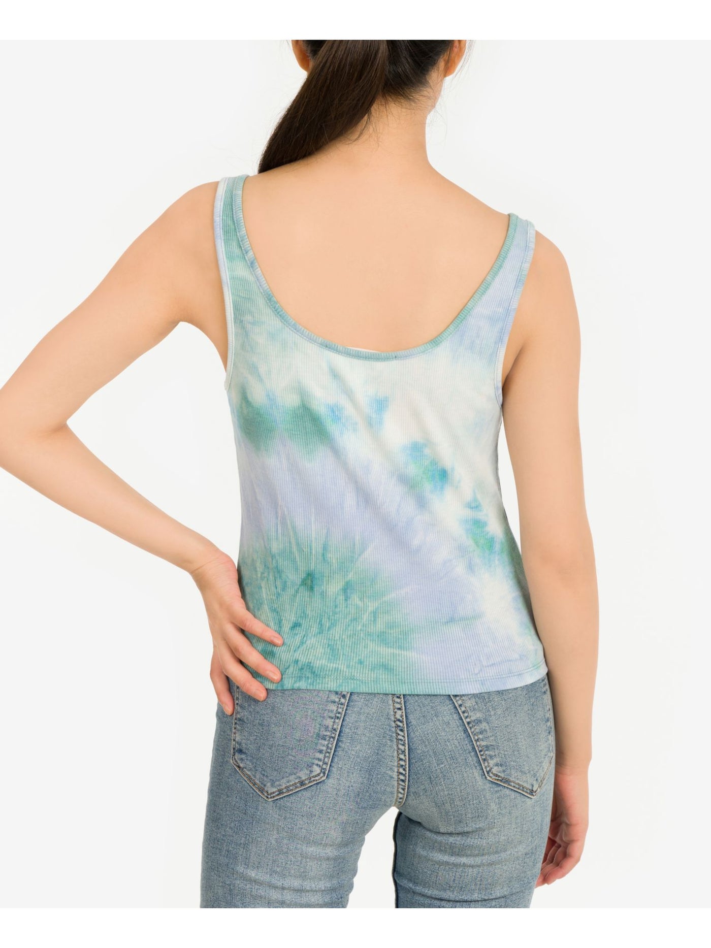 HIPPIE ROSE Womens Green Stretch Ribbed Tie Dye Sleeveless V Neck Tank Top L