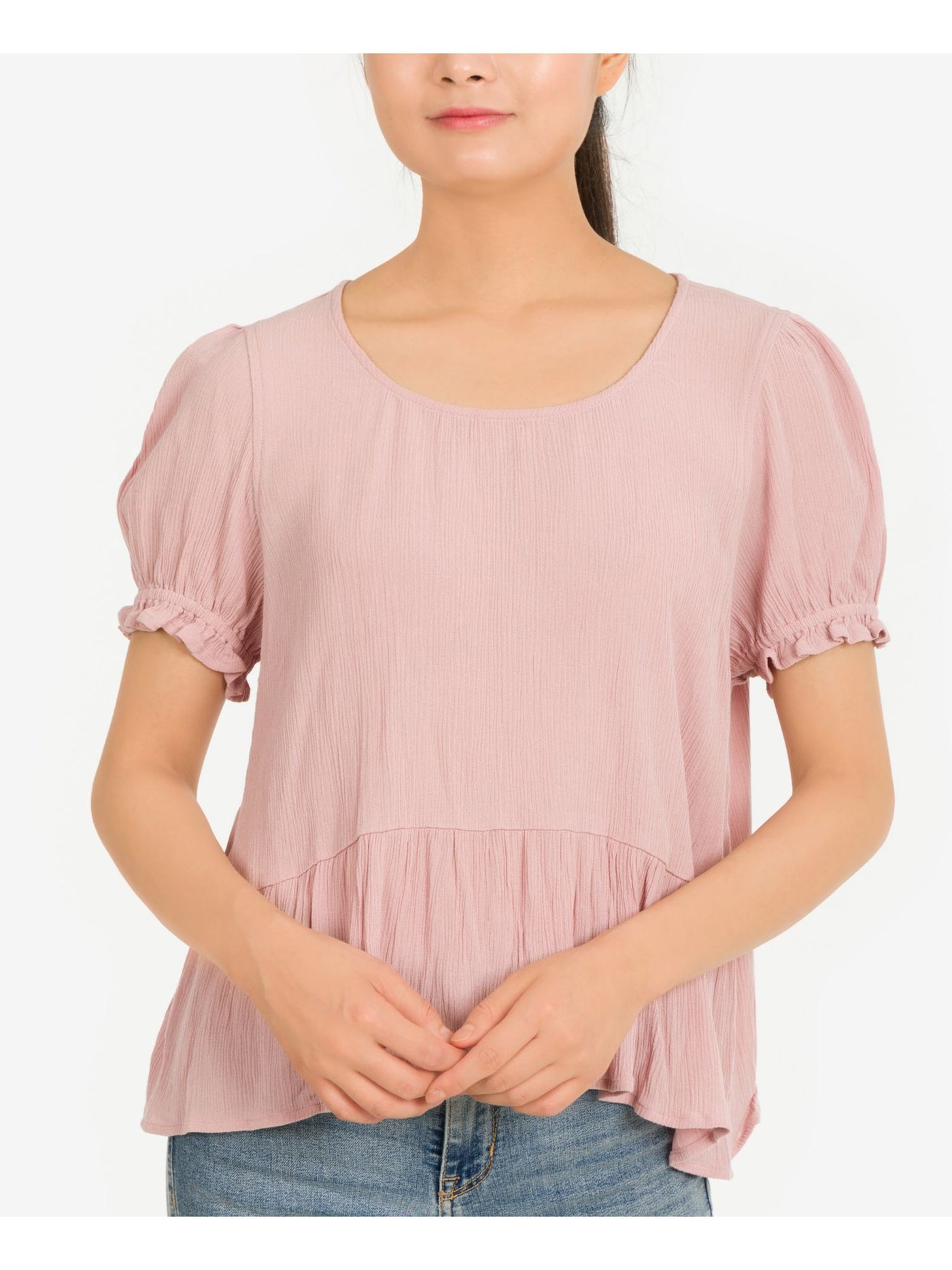 HIPPIE ROSE Womens Pink Ruffled Textured Keyhole-back Pouf Sleeve Scoop Neck Top M