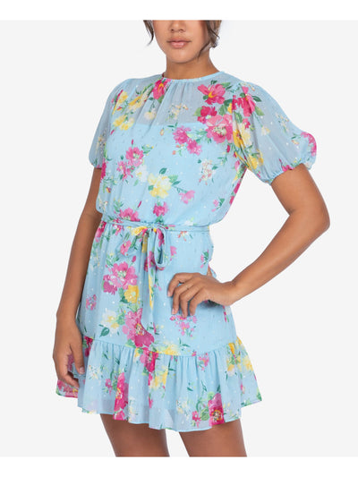 B DARLIN Womens Blue Belted Ruffled Floral Pouf Short Fit + Flare Dress 13\14