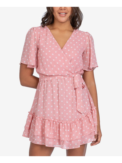 B DARLIN Womens Pink Ruffled Tie Polka Dot Flutter Sleeve Surplice Neckline Above The Knee Party Faux Wrap Dress 13\14