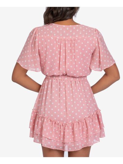 B DARLIN Womens Pink Ruffled Tie Polka Dot Flutter Sleeve Surplice Neckline Above The Knee Party Faux Wrap Dress 13\14