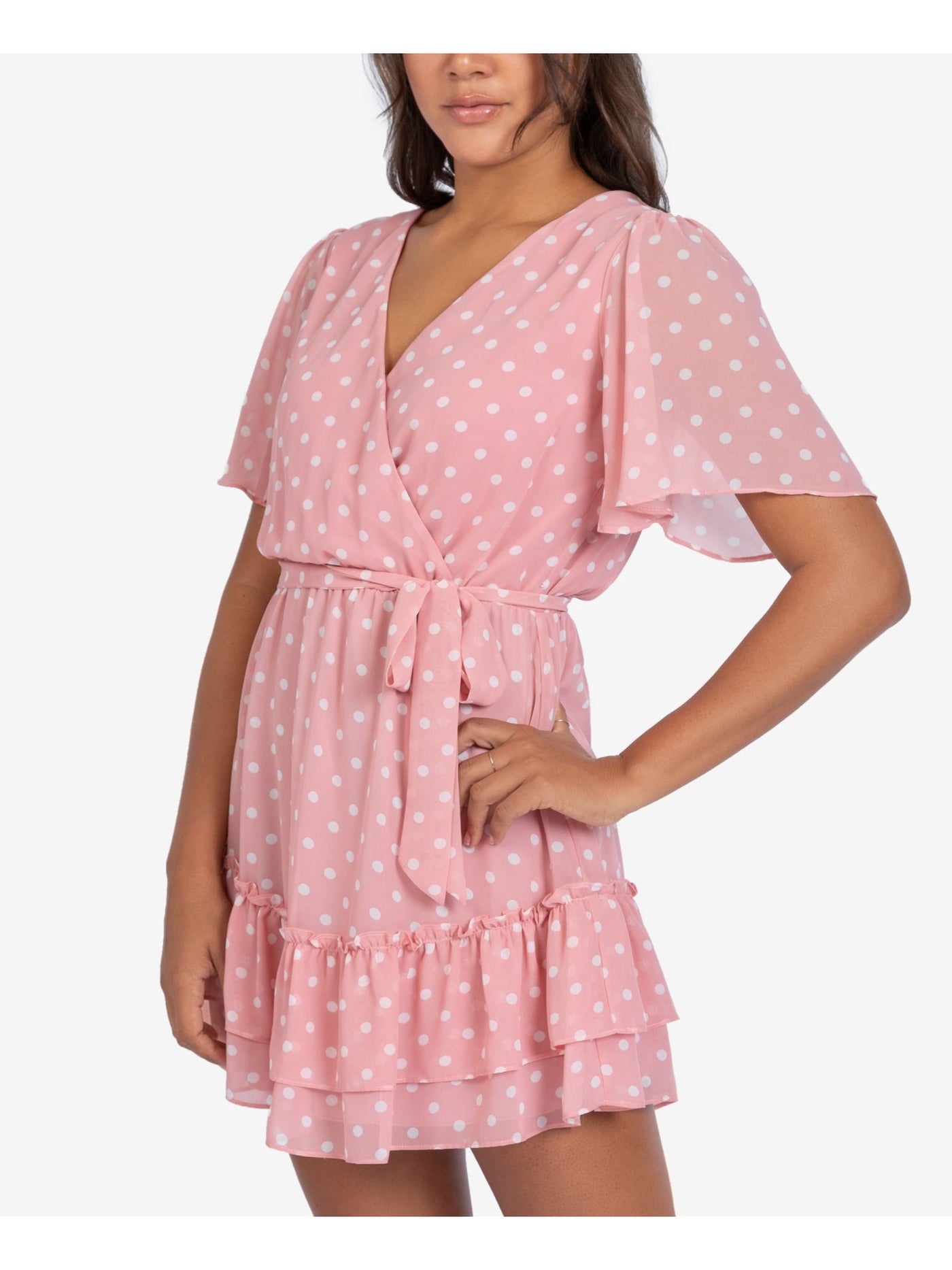 B DARLIN Womens Pink Ruffled Tie Polka Dot Flutter Sleeve Surplice Neckline Above The Knee Party Faux Wrap Dress 13\14