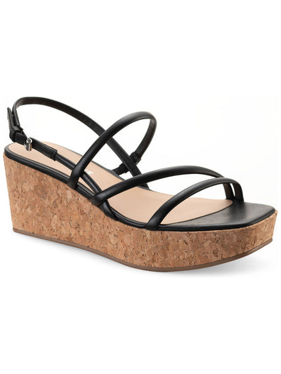 SUN STONE Womens Black 1" Platform Cork-Like Strappy Padded Bella Square Toe Wedge Buckle Slingback Sandal 9.5 M