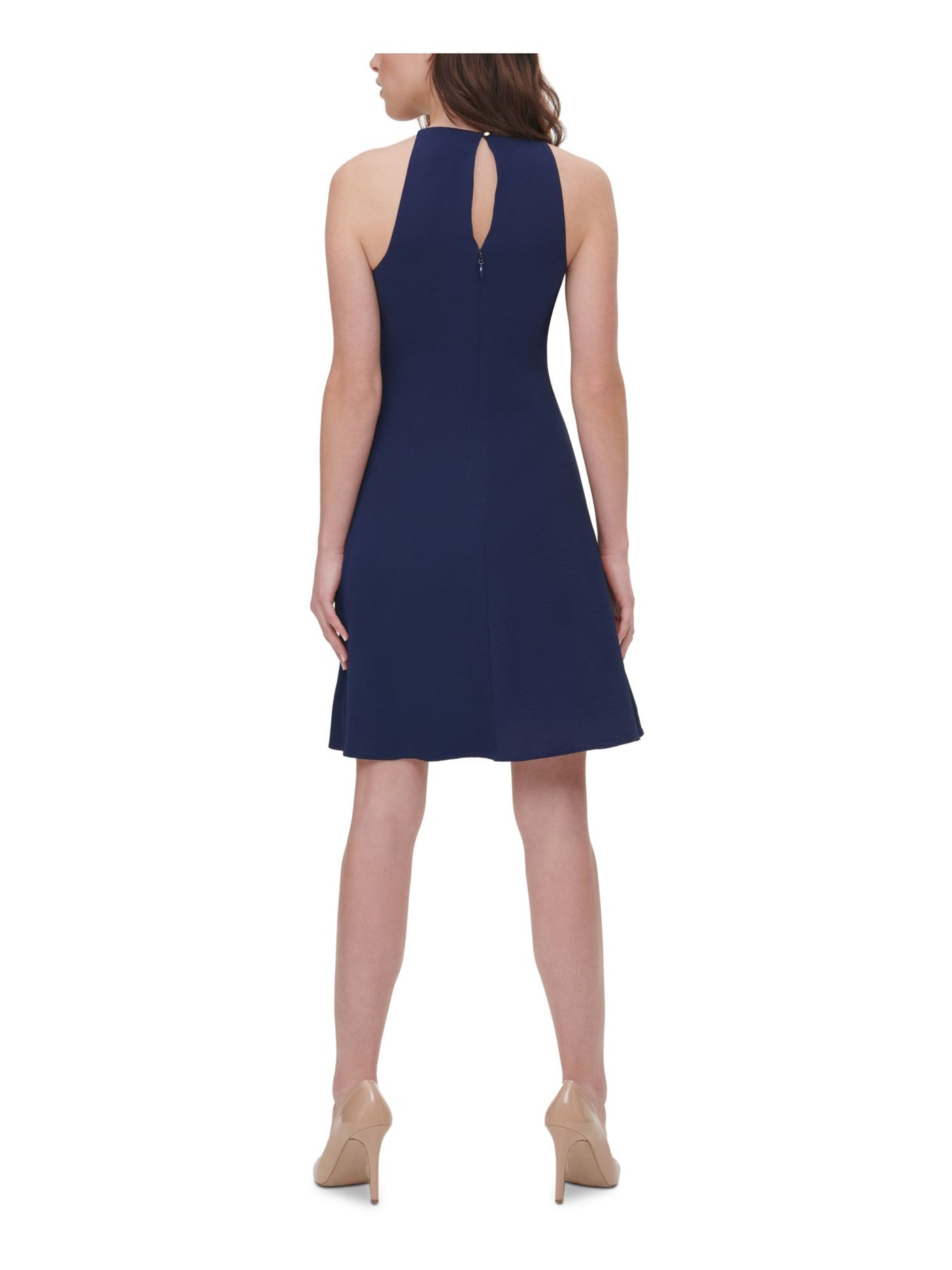 KENSIE DRESSES Womens Navy Ruffled Zippered Cut Out Lined Gold-tone Hardwar Sleeveless Halter Short Evening Fit + Flare Dress 0