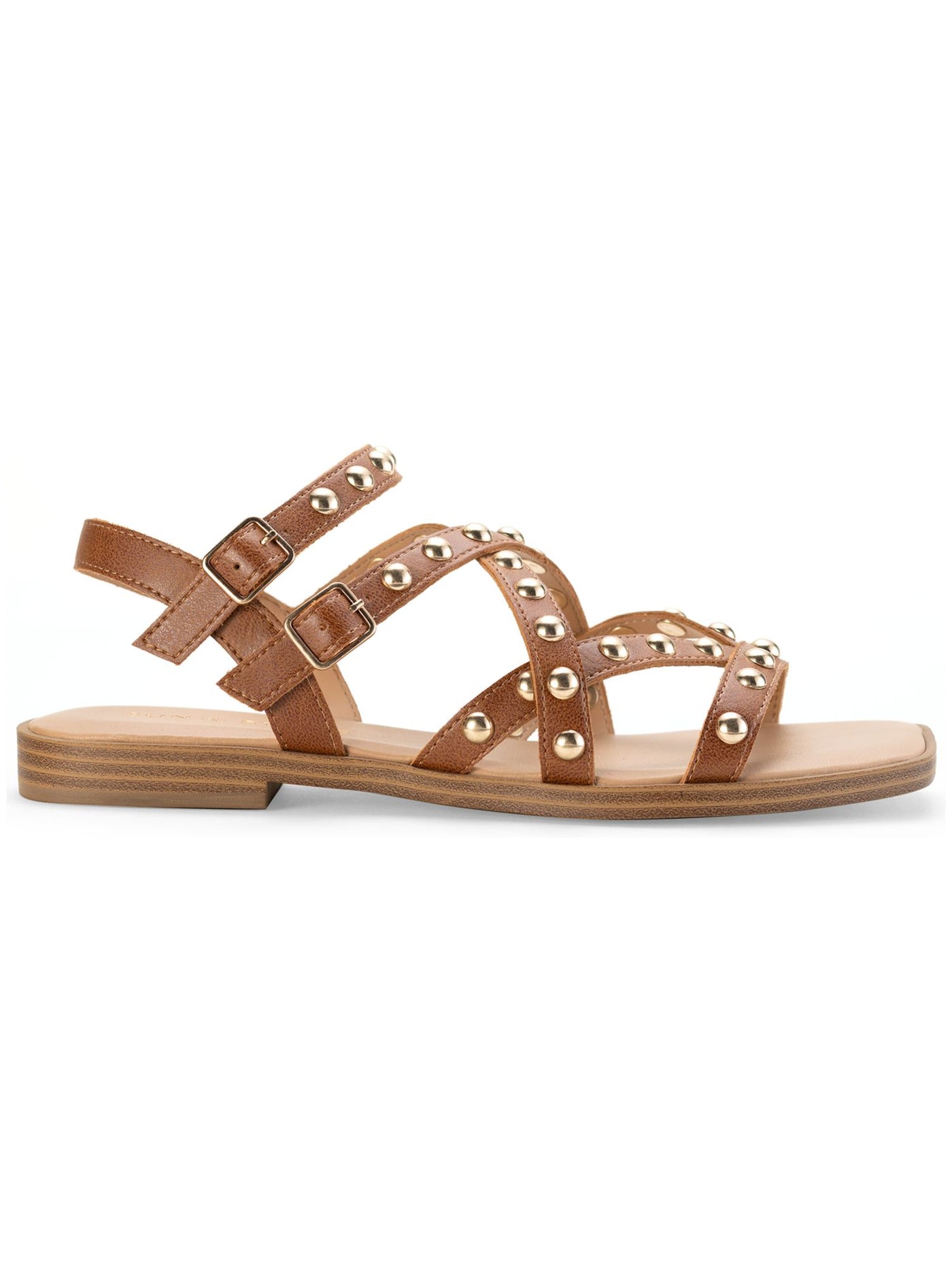 SUN STONE Womens Brown Studded Strappy Angela Square Toe Buckle Slingback 9 M