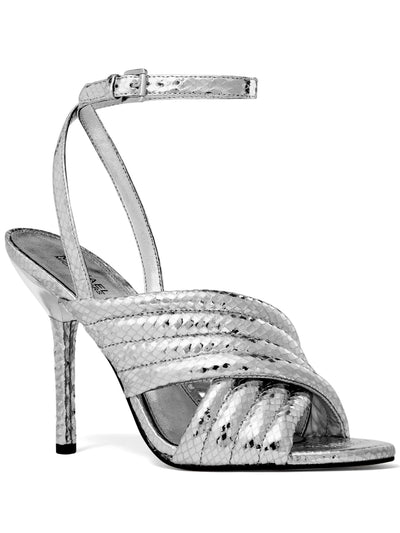 MICHAEL KORS Womens Silver Scale Embossed Metallic Ankle Strap Padded Royce Round Toe Stiletto Buckle Leather Dress Sandals Shoes 7 M