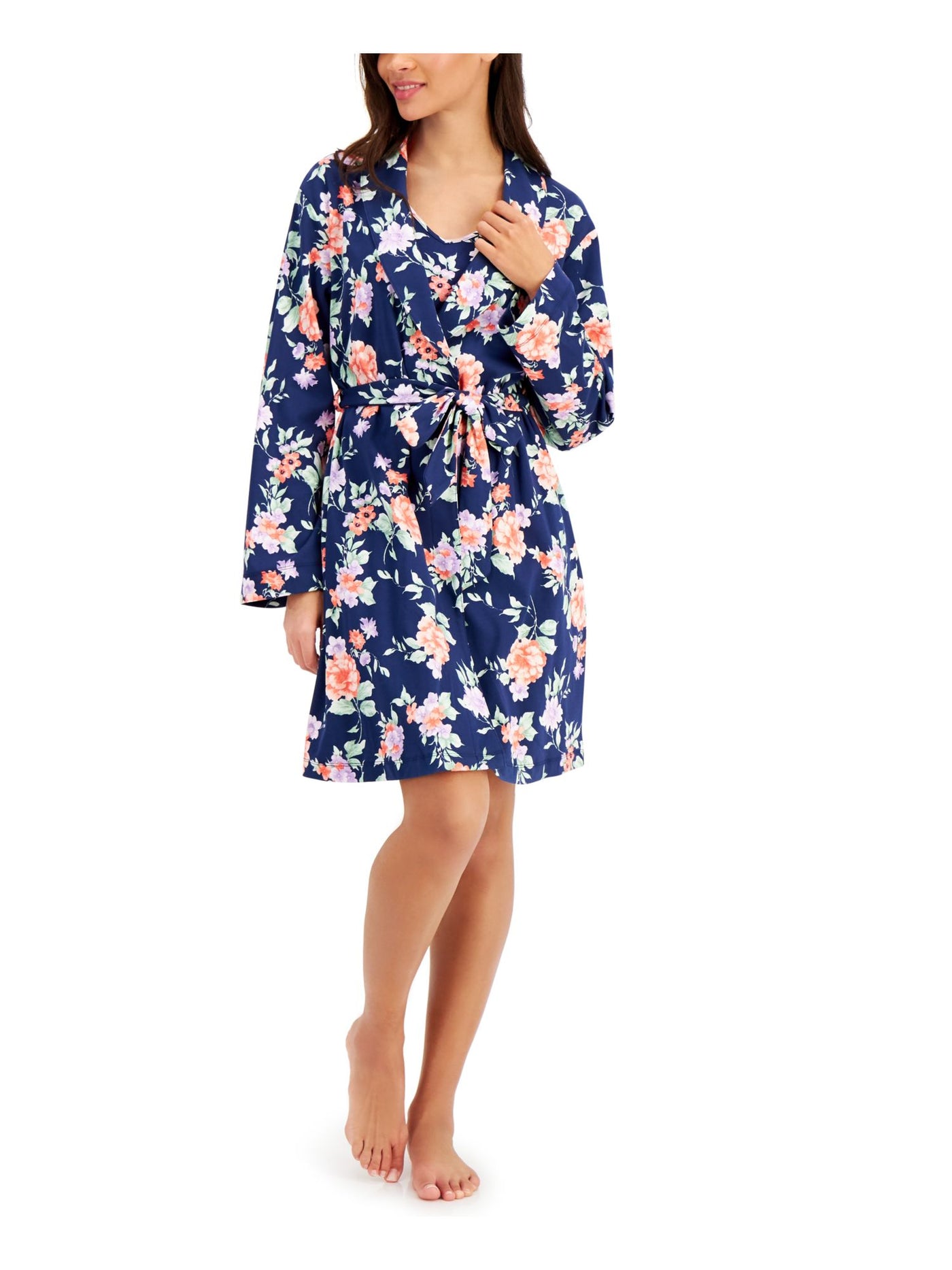 CHARTER CLUB Intimates Navy Knit Pocketed Removable Self-Tie Belt Long Sleeve Floral Robe L