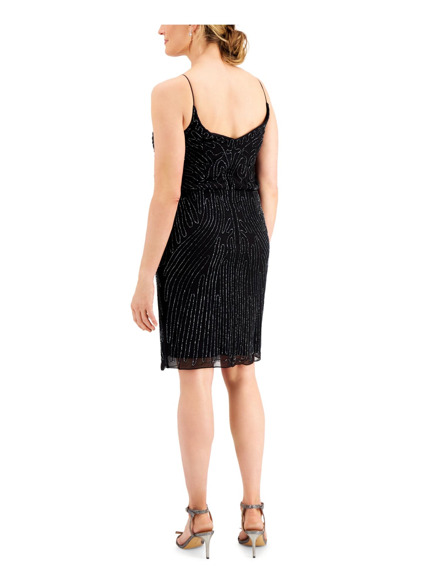 JKARA Womens Black Sequined Spaghetti Strap V Neck Below The Knee Party Dress 4