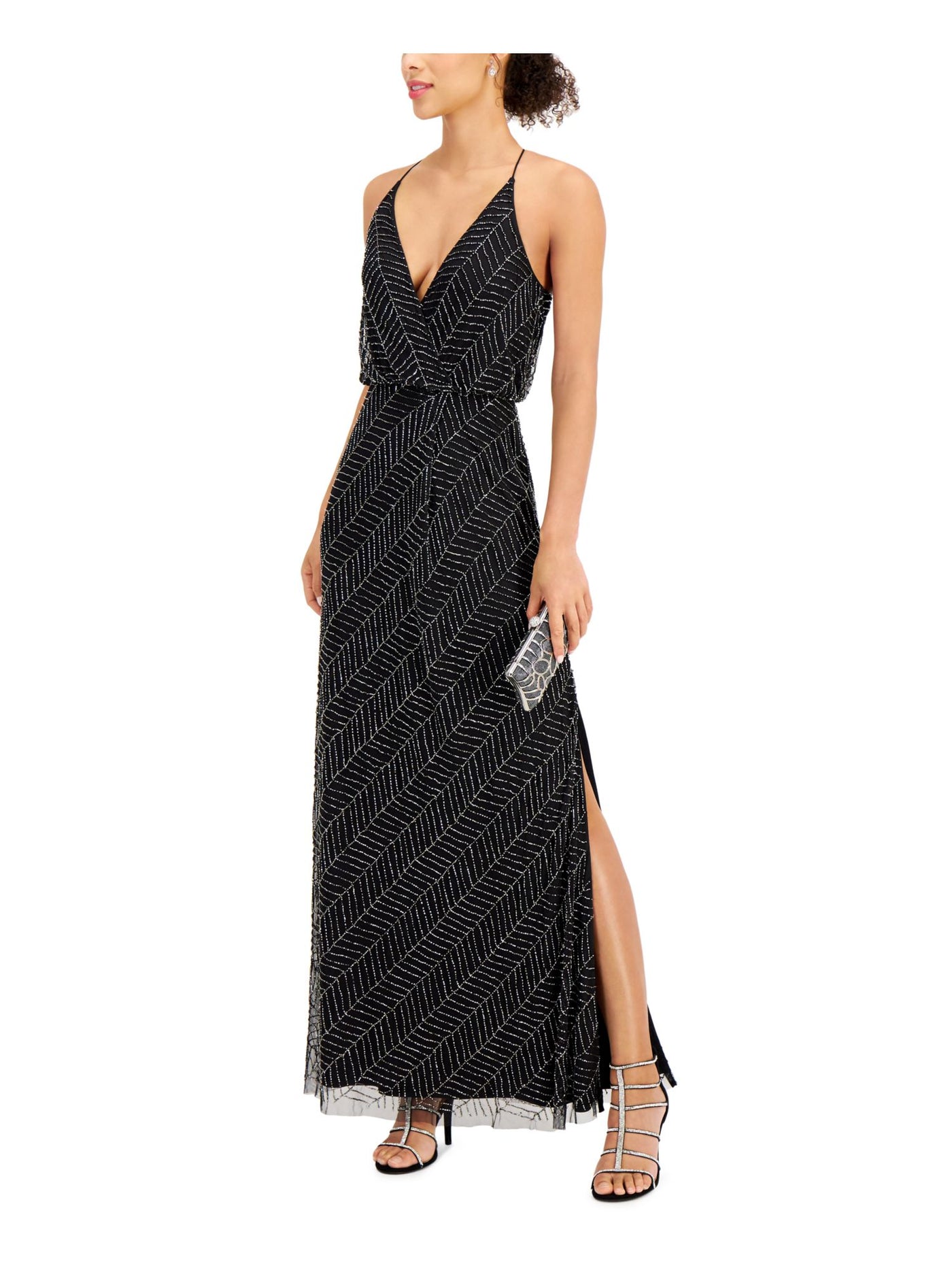 JKARA Womens Beaded Slitted Halter Maxi Evening Sheath Dress