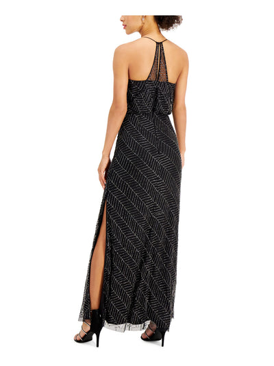 JKARA Womens Beaded Slitted Halter Maxi Evening Sheath Dress