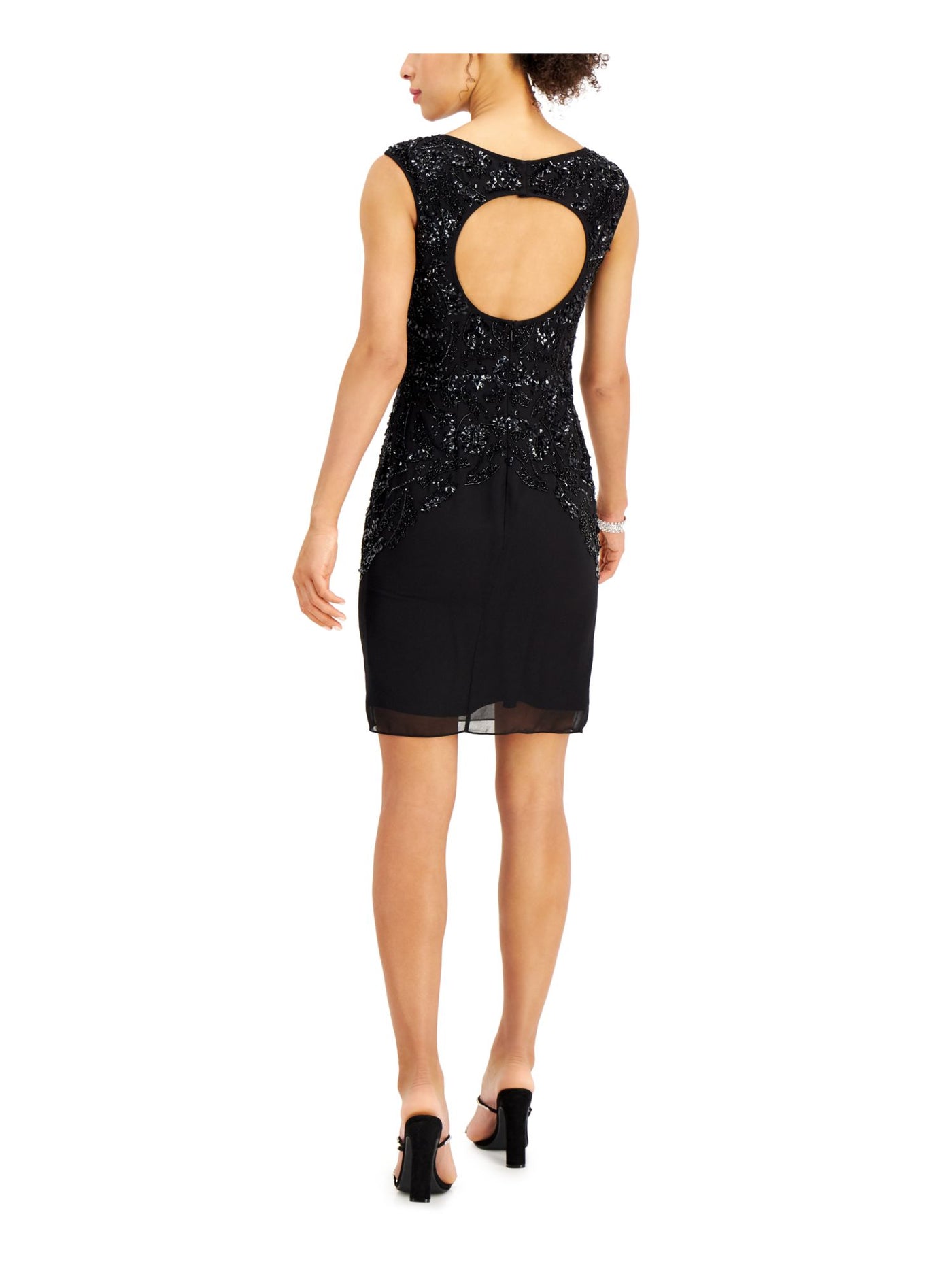 JKARA Womens Black Beaded Sheer Open-back Sleeveless Round Neck Short Cocktail Sheath Dress 4