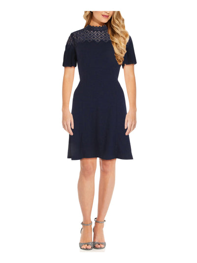 ADRIANNA PAPELL Womens Navy Embroidered Pleated Zippered Short Sleeve Mock Neck Above The Knee Party Fit + Flare Dress 4