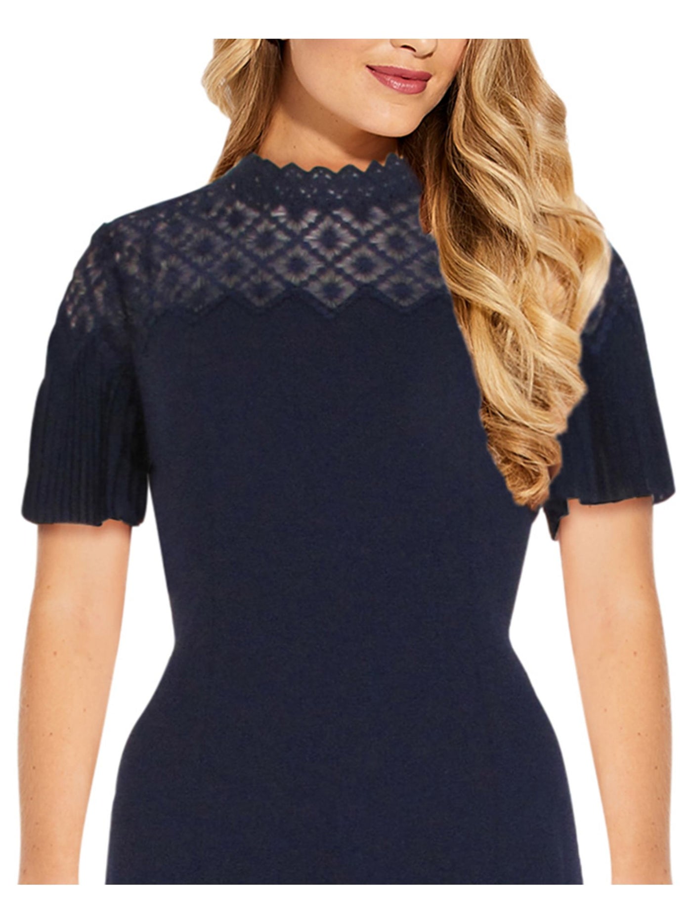 ADRIANNA PAPELL Womens Navy Embroidered Pleated Zippered Short Sleeve Mock Neck Above The Knee Party Fit + Flare Dress 4