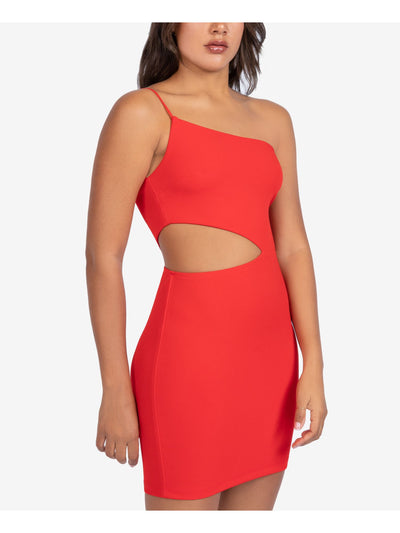 B DARLIN Womens Red Stretch Cut Out Zippered One-shoulder Spaghetti Strap Asymmetrical Neckline Short Cocktail Body Con Dress 9\10