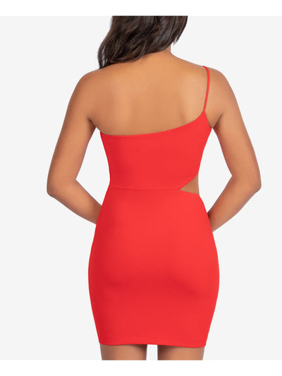 B DARLIN Womens Red Stretch Cut Out Zippered One-shoulder Spaghetti Strap Asymmetrical Neckline Short Cocktail Body Con Dress 9\10