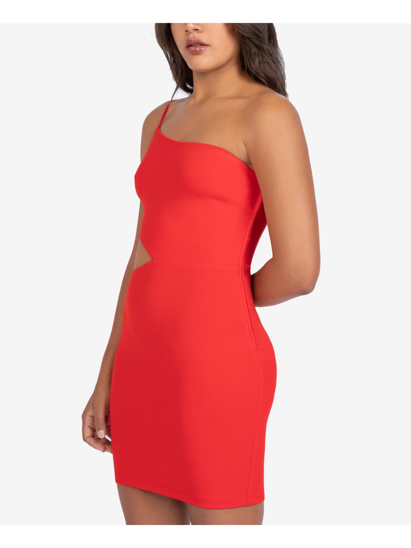 B DARLIN Womens Red Stretch Cut Out Zippered One-shoulder Spaghetti Strap Asymmetrical Neckline Short Cocktail Body Con Dress 9\10