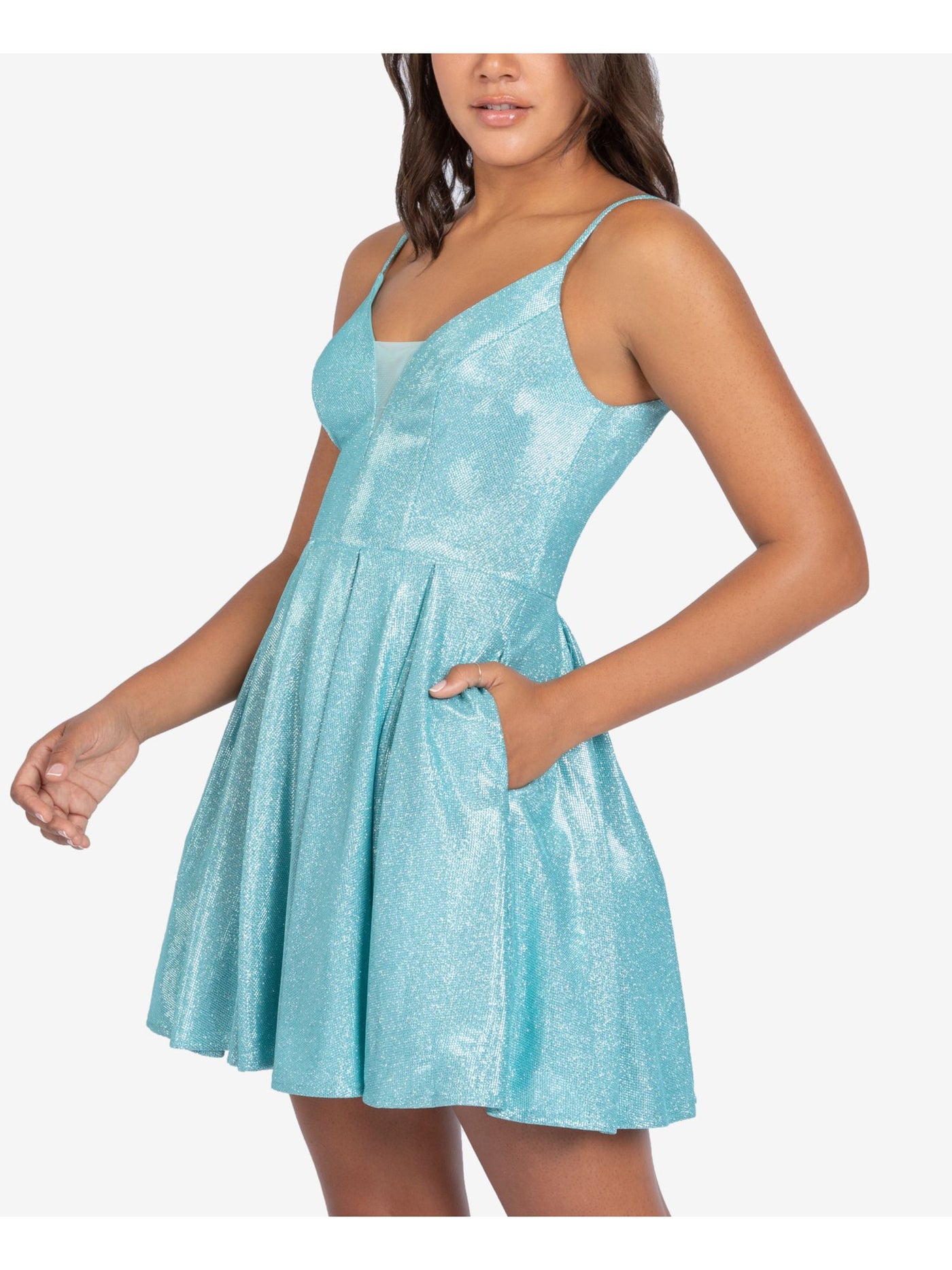 B DARLIN Womens Turquoise Stretch Zippered Pocketed Glitter Mesh Inset V Neck Short Party Fit + Flare Dress 11\12