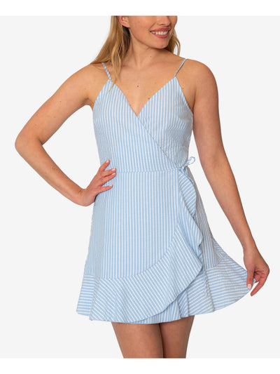 SPEECHLESS Womens Light Blue Ruffled Textured Zippered Striped Spaghetti Strap Surplice Neckline Mini Sheath Dress M