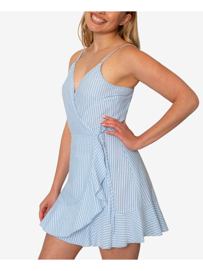 SPEECHLESS Womens Light Blue Ruffled Textured Zippered Striped Spaghetti Strap Surplice Neckline Mini Sheath Dress M