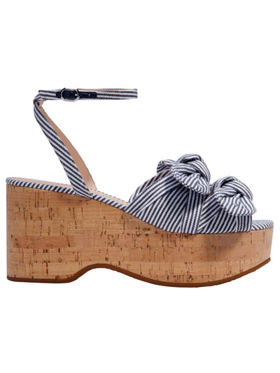 KATE SPADE NEW YORK Womens Blue Striped Adjustable Strap Bow Accent Julep Round Toe Wedge Buckle Slingback Sandal 10 B