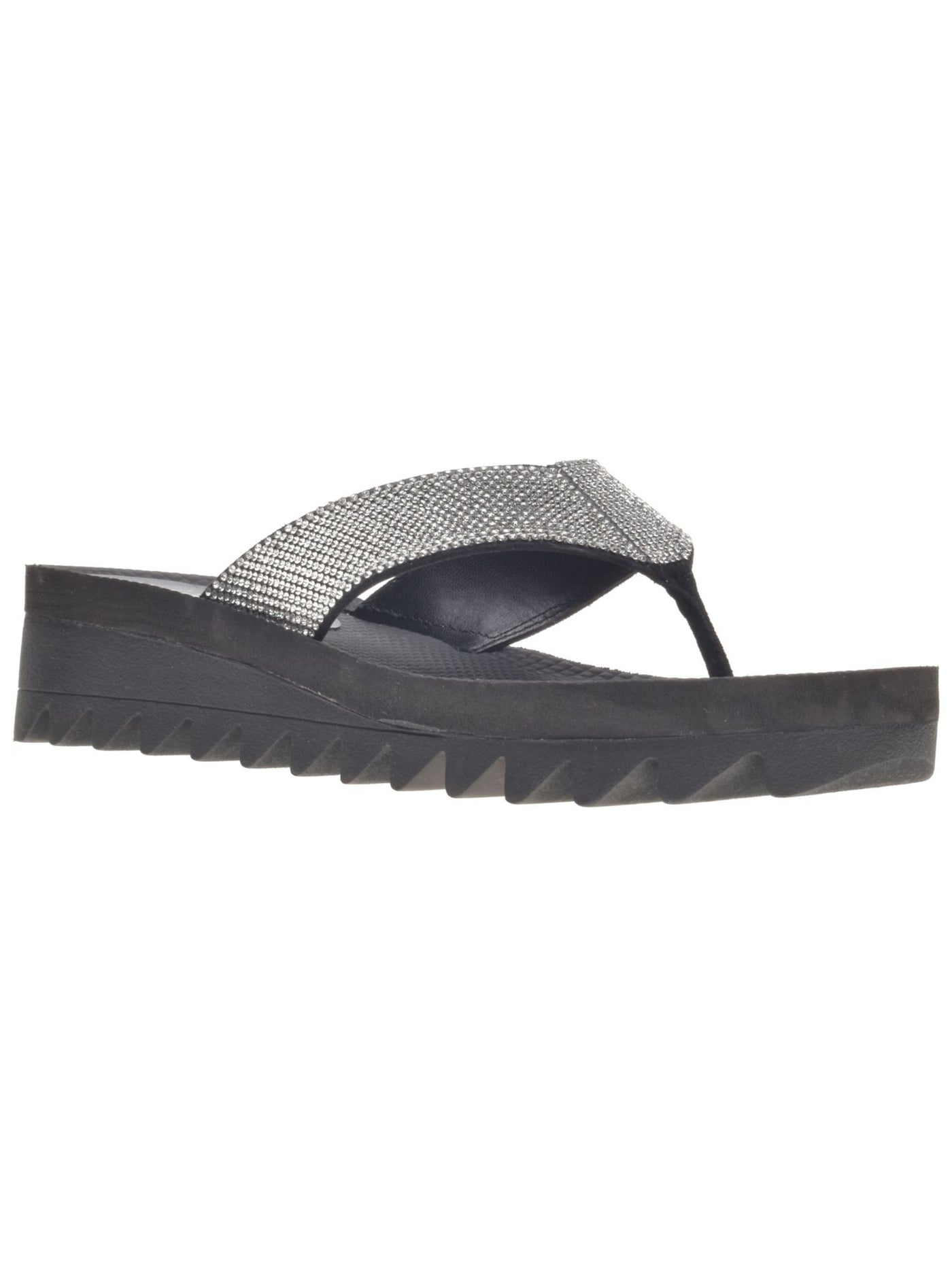WILD PAIR Womens Black Saw Tooth Sole Rhinestone Kalabasas Round Toe Wedge Slip On Thong Sandals 9 M