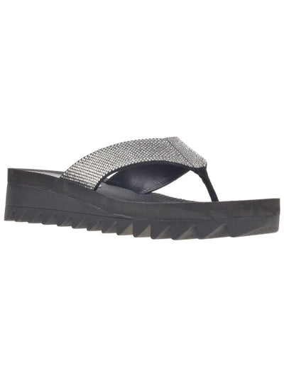 WILD PAIR Womens Black Saw Tooth Sole Rhinestone Kalabasas Round Toe Wedge Slip On Thong Sandals 9 M