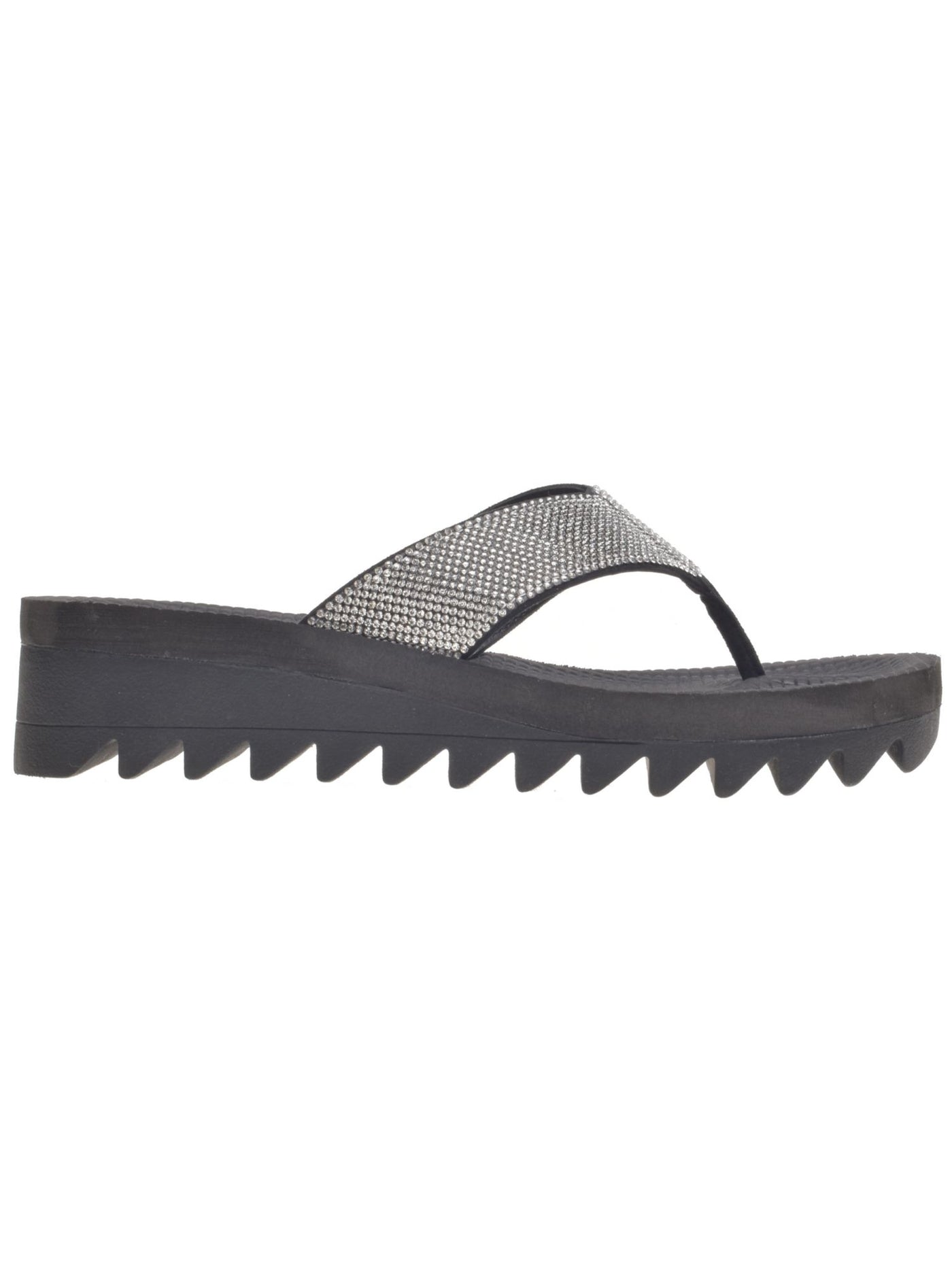 WILD PAIR Womens Black Saw Tooth Sole Rhinestone Kalabasas Round Toe Wedge Slip On Thong Sandals 9 M