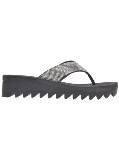 WILD PAIR Womens Black Saw Tooth Sole Rhinestone Kalabasas Round Toe Wedge Slip On Thong Sandals 9 M