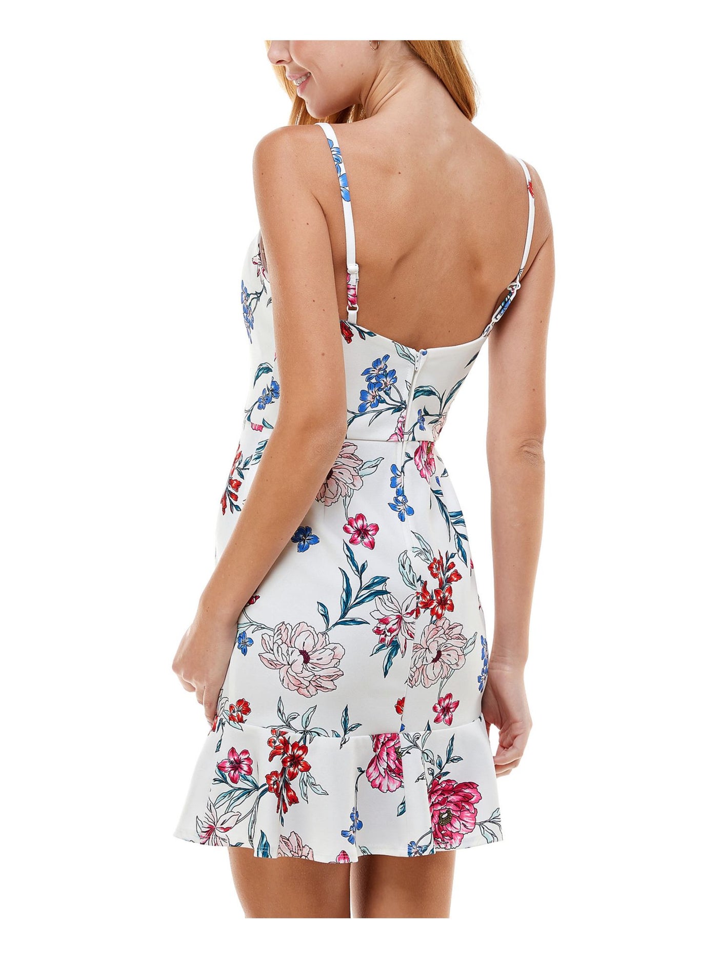 CRYSTAL DOLLS Womens Ivory Stretch Zippered Fitted Flounce Hem Floral Spaghetti Strap V Neck Mini Party Fit + Flare Dress 15
