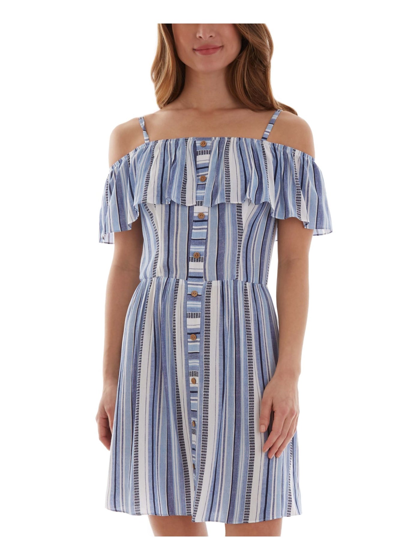 BCX DRESS Womens Blue Cold Shoulder Ruffled Tie Buttoned Striped Flutter Sleeve Square Neck Short Fit + Flare Dress L