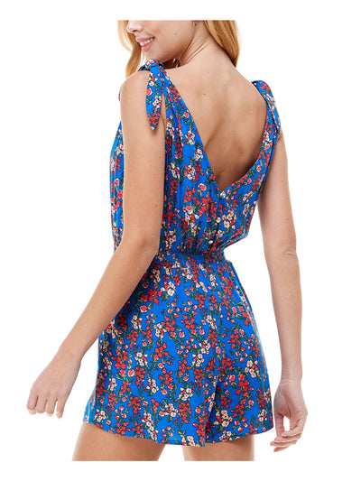 BEBOP Womens Blue Gathered Self Tie Shoulder Strap Floral Sleeveless V Neck Empire Waist Romper XS