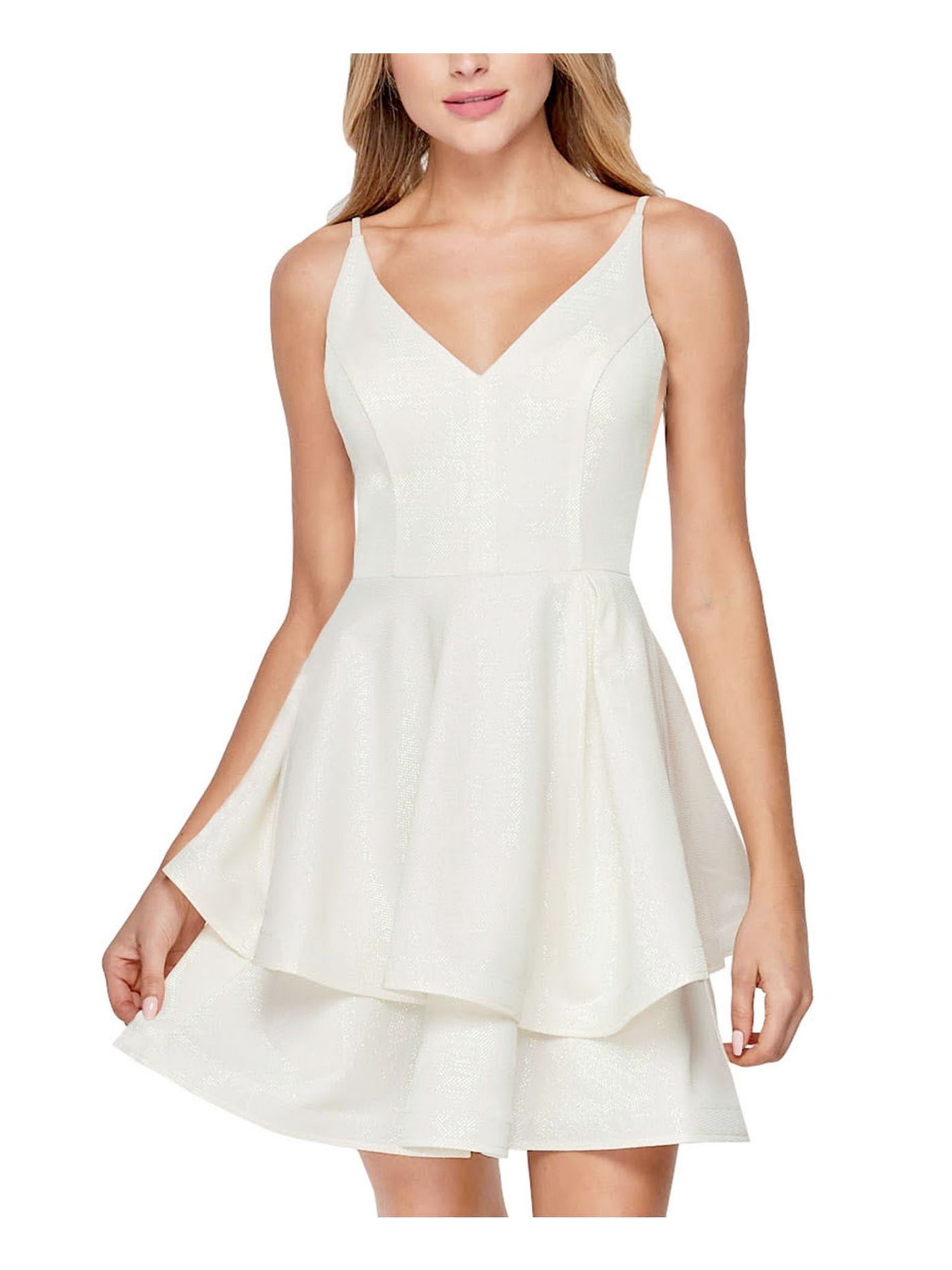 MATERIAL GIRL Womens Ivory Metallic Zippered Spaghetti Strap V Neck Short Party Fit + Flare Dress S