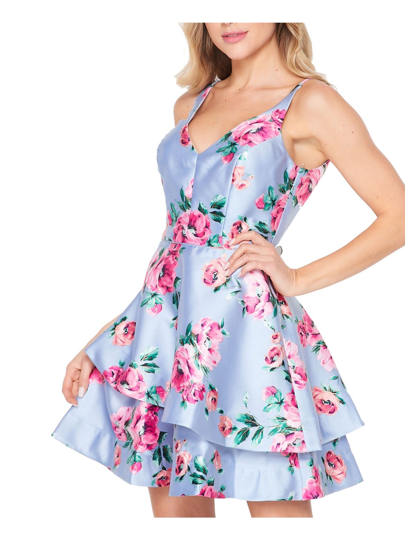 TEEZE ME Womens Light Blue Zippered Ruffled Layered Floral Sleeveless V Neck Mini Party Fit + Flare Dress 1\2