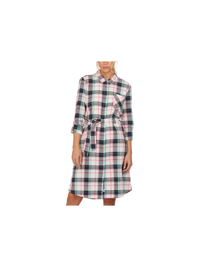 BARBOUR Womens White Pleated Pocketed Tie Belt  Hidden Placket Curve H Plaid Roll-tab Sleeve Point Collar Knee Length Shirt Dress 4