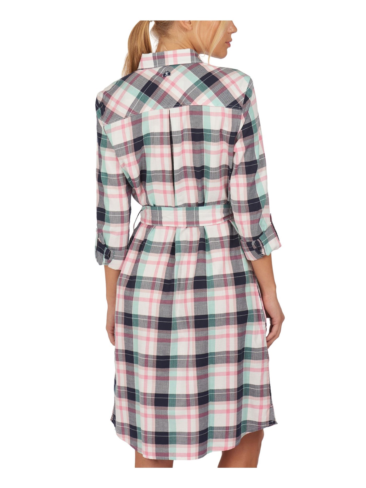 BARBOUR Womens White Pleated Pocketed Tie Belt  Hidden Placket Curve H Plaid Roll-tab Sleeve Point Collar Knee Length Shirt Dress 6