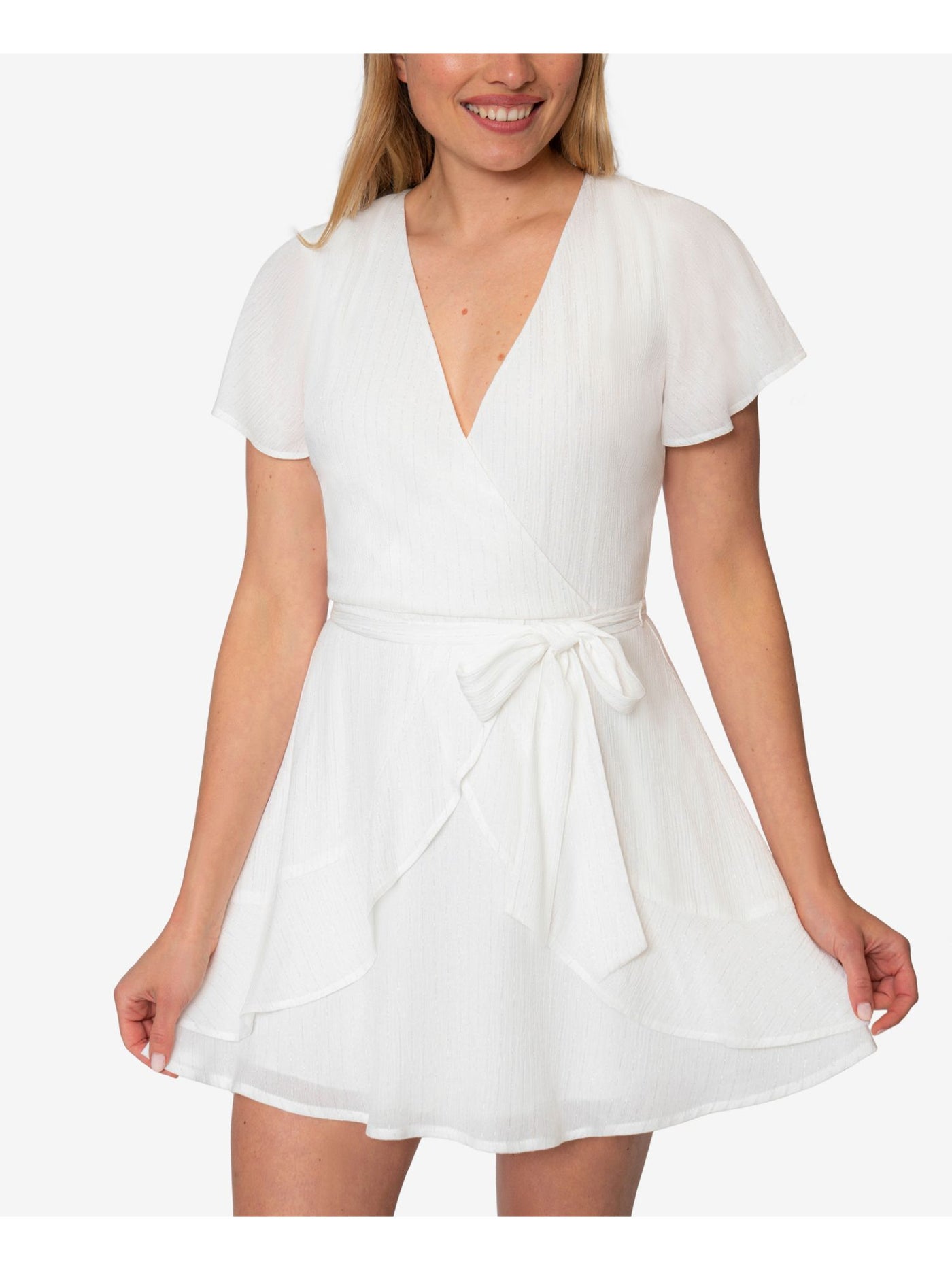 SPEECHLESS Womens White Zippered Ruffled Tie-belt Layered Keyhole Flutter Sleeve Surplice Neckline Mini Fit + Flare Dress 5