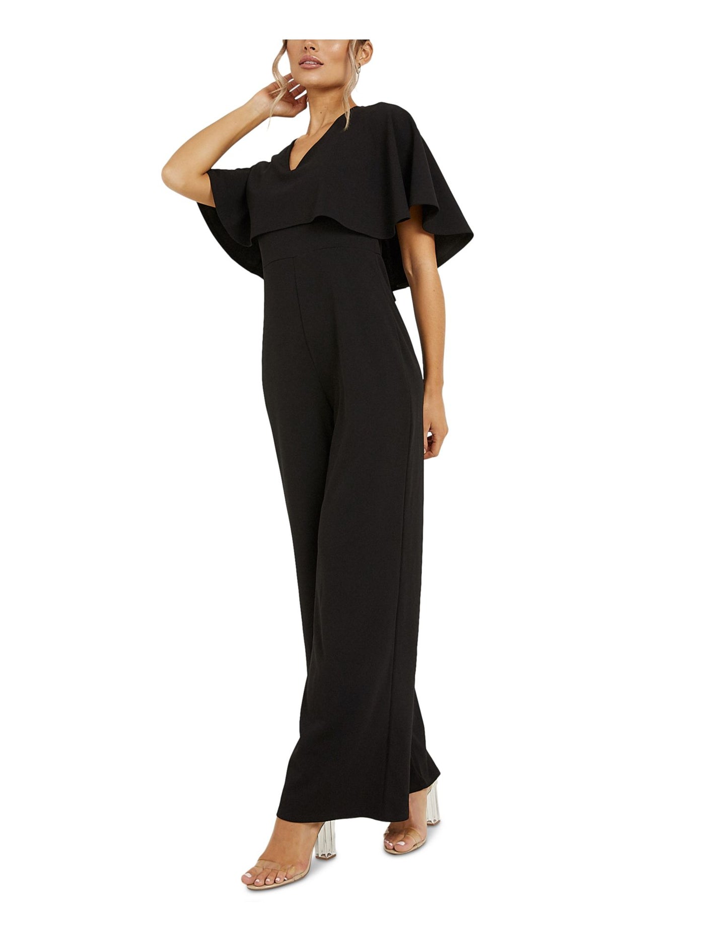 QUIZ Womens Black Stretch Gathered High-waisted Dolman Sleeve V Neck Evening Wide Leg Jumpsuit 4