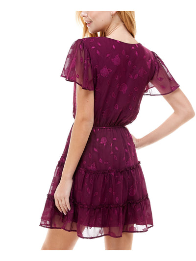 CITY STUDIO Womens Burgundy Sheer Tie Tiered Floral Short Sleeve Surplice Neckline Short Party Fit + Flare Dress S