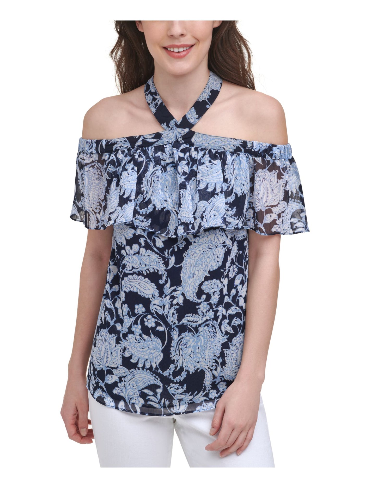 TOMMY HILFIGER Womens Navy Ruffled Tie Chiffon Elastic Halter Floral Short Sleeve Off Shoulder Top XS\TP