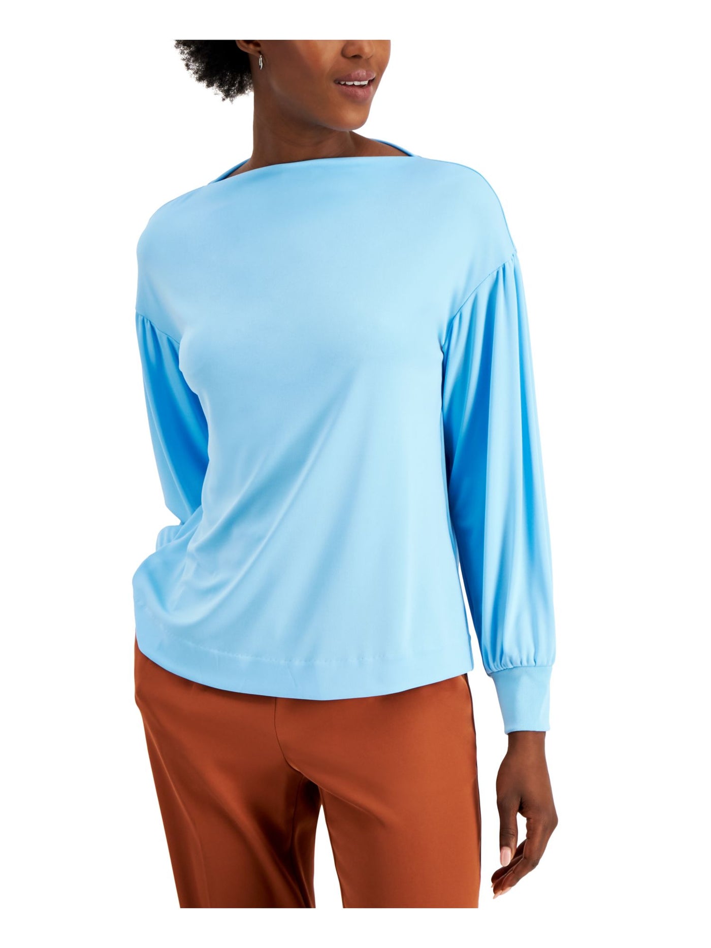 ALFANI Womens Light Blue Pouf Boat Neck Top L