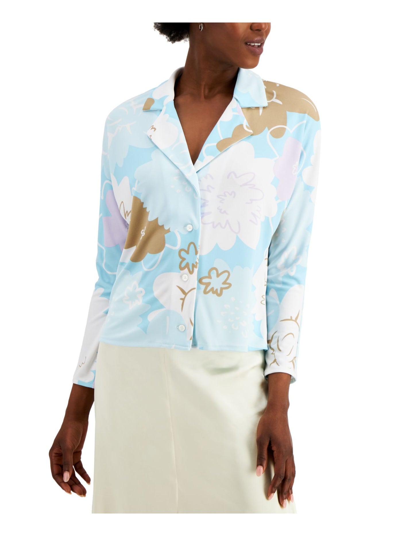 ALFANI Womens Light Blue Floral 3/4 Sleeve V Neck Blouse S