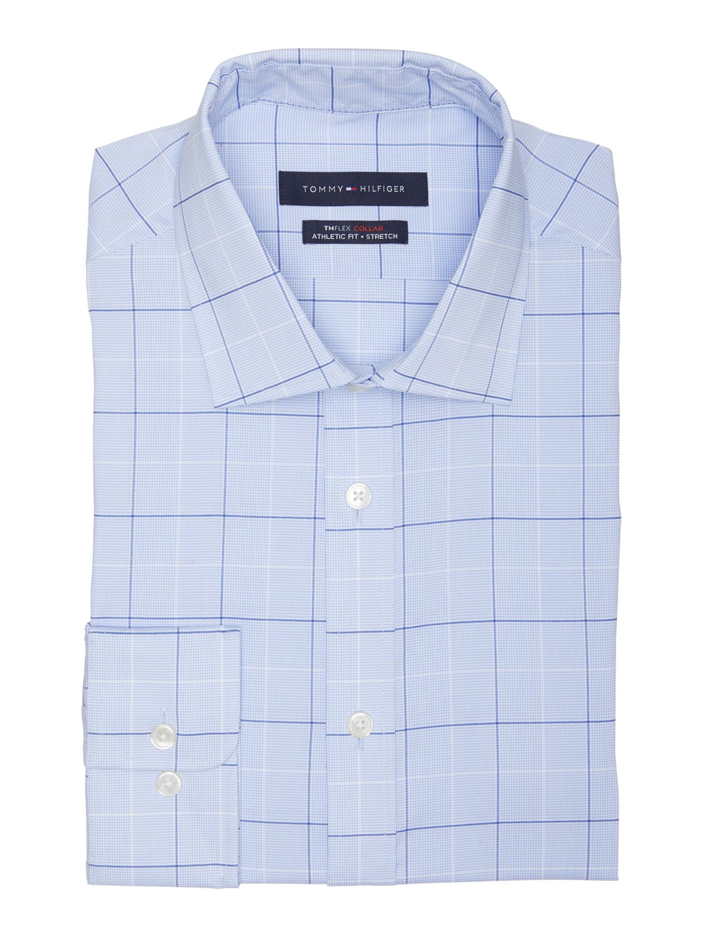 TOMMY HILFIGER Mens Blue Easy Care, Windowpane Plaid Spread Collar Moisture Wicking Dress Shirt M 15- 34/35