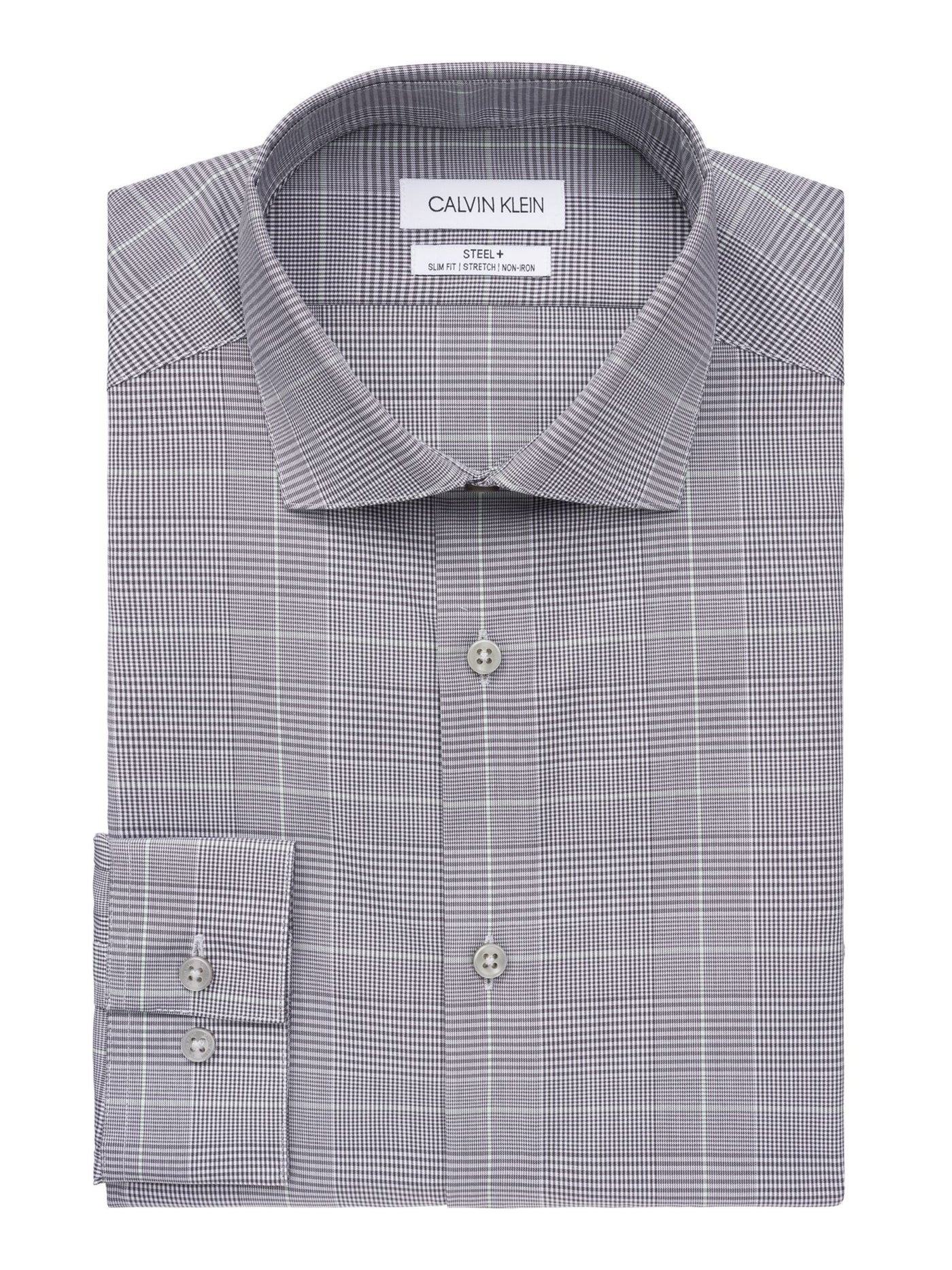 CALVIN KLEIN Mens Steel Gray Easy Care, Plaid Spread Collar Slim Fit Moisture Wicking Dress Shirt 17.5- 32/33