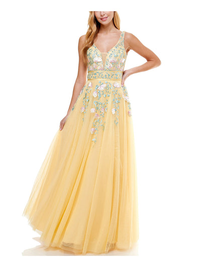 SAY YES TO THE PROM Womens Embroidered Zippered Gown Sleeveless V Neck Full-Length Prom Dress