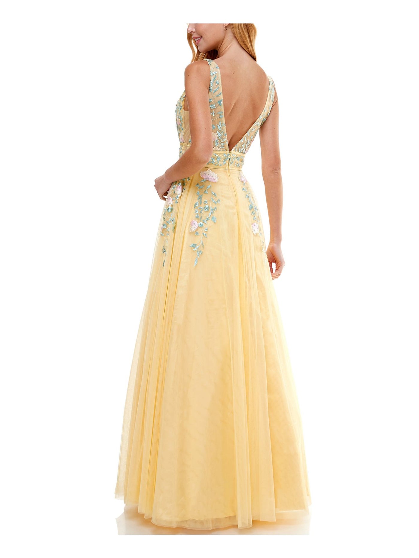 SAY YES TO THE PROM Womens Embroidered Zippered Gown Sleeveless V Neck Full-Length Prom Dress