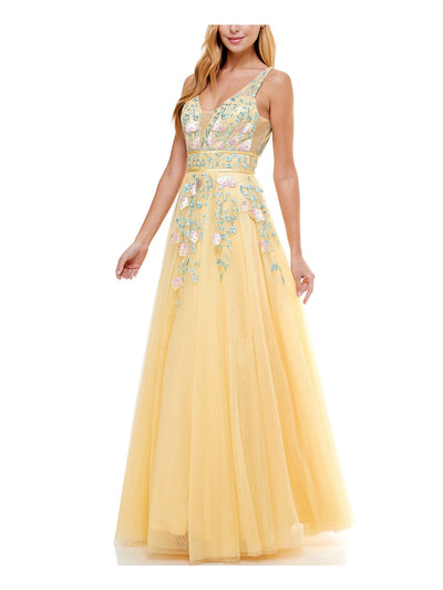 SAY YES TO THE PROM Womens Embroidered Zippered Gown Sleeveless V Neck Full-Length Prom Dress