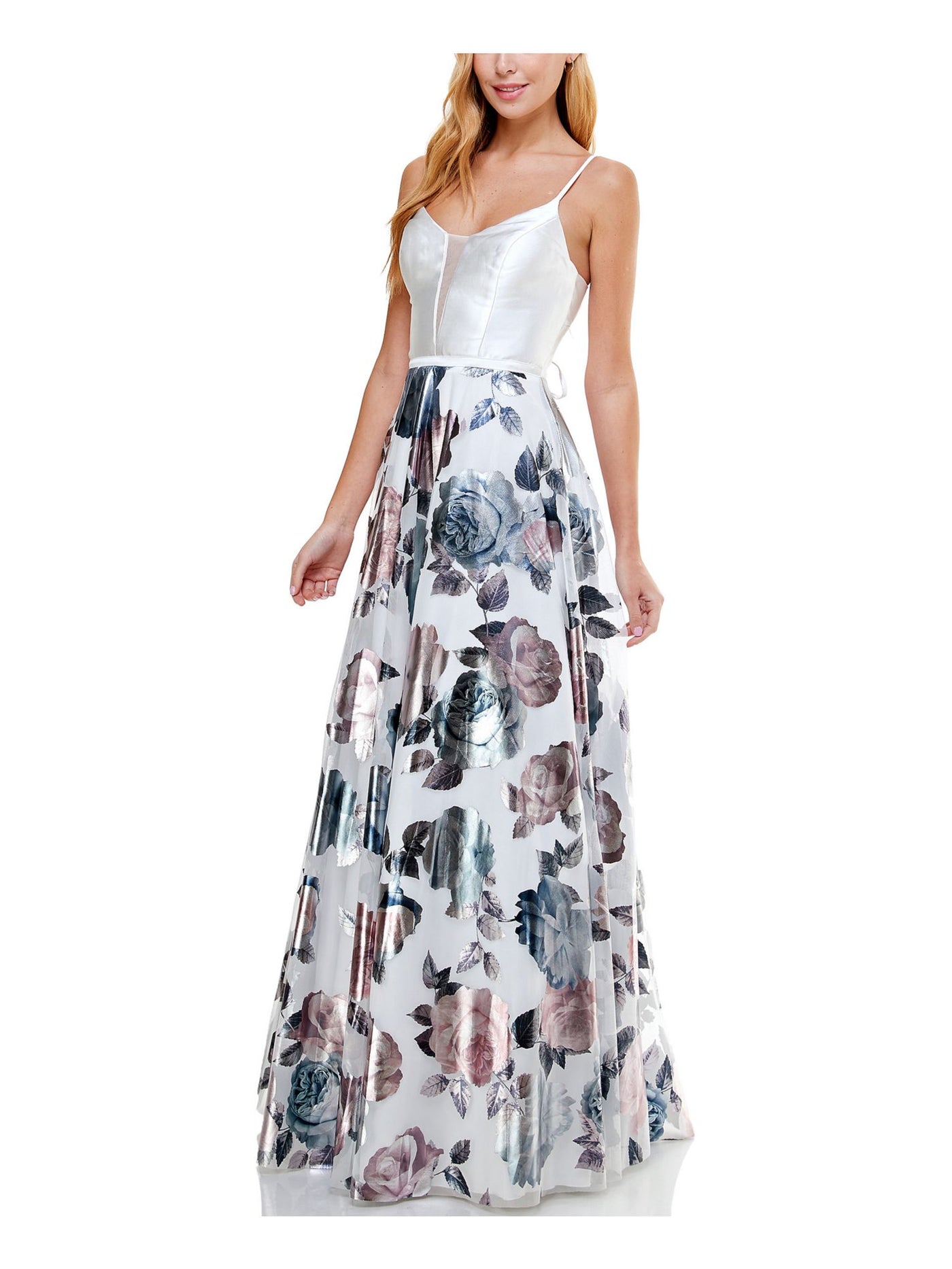 SAY YES TO THE PROM Womens Ivory Floral Spaghetti Strap Full-Length Prom Fit + Flare Dress 0